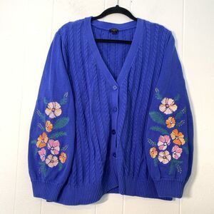 Talbots Womens 2X Sweater Cardigan Blue Embroidery Flower Puff Sleeve Cable Knit